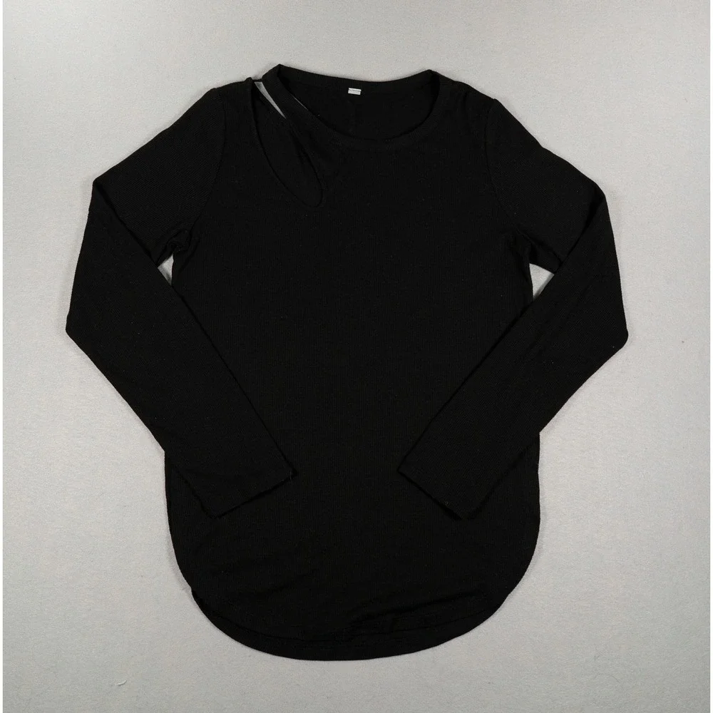 Alo Yoga Ribbed Peak Long Sleeve Cutout Top Black Crew Neck Curved Hem